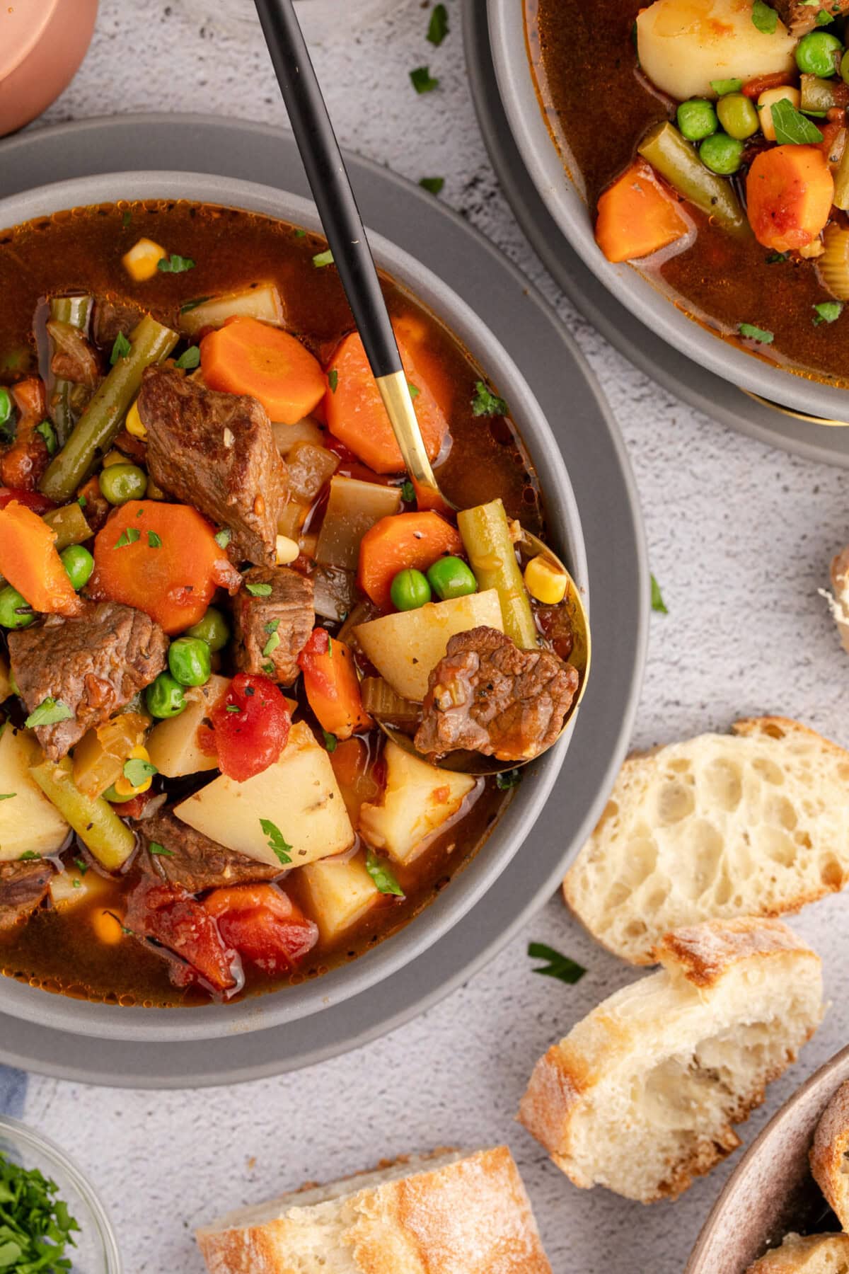 Close up photo of a bowl of Vegetable Beef Soup