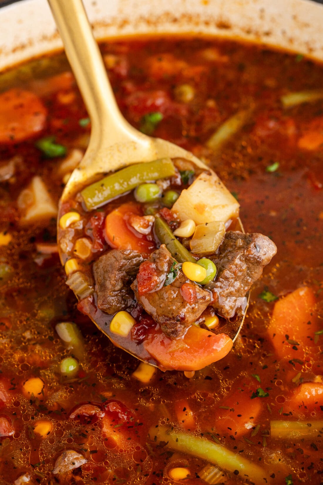 Close up photo of a spoonful of Vegetable Beef Soup