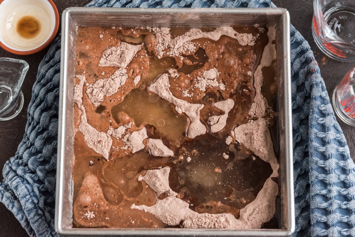cold water poured over wacky cake ingredients