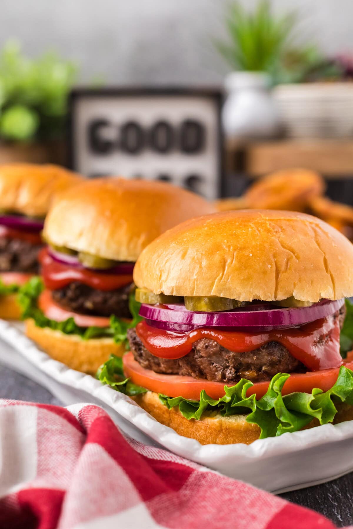 Three Air Fryer Burgers on a platter