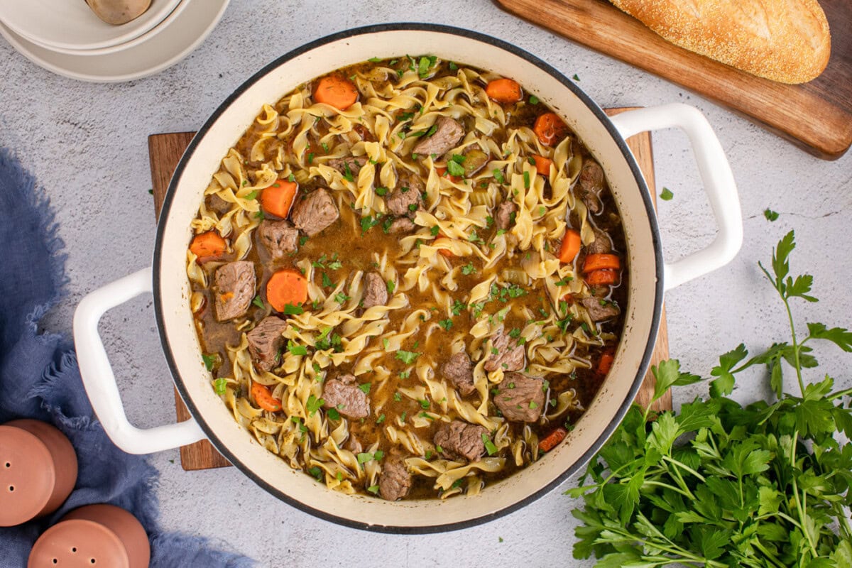 overhead of cooked beef noodle soup