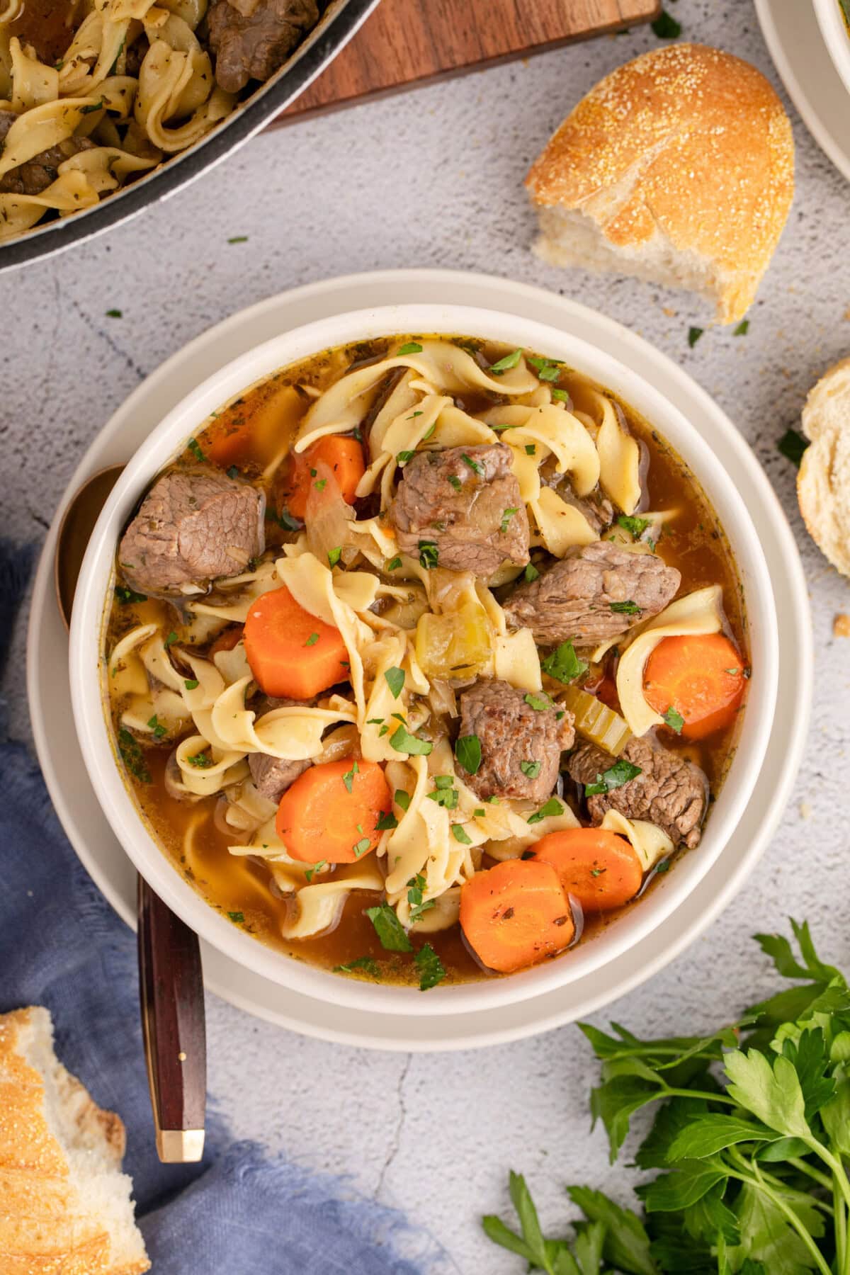 Overhead photo of a bowl of Beef Noodle Soup