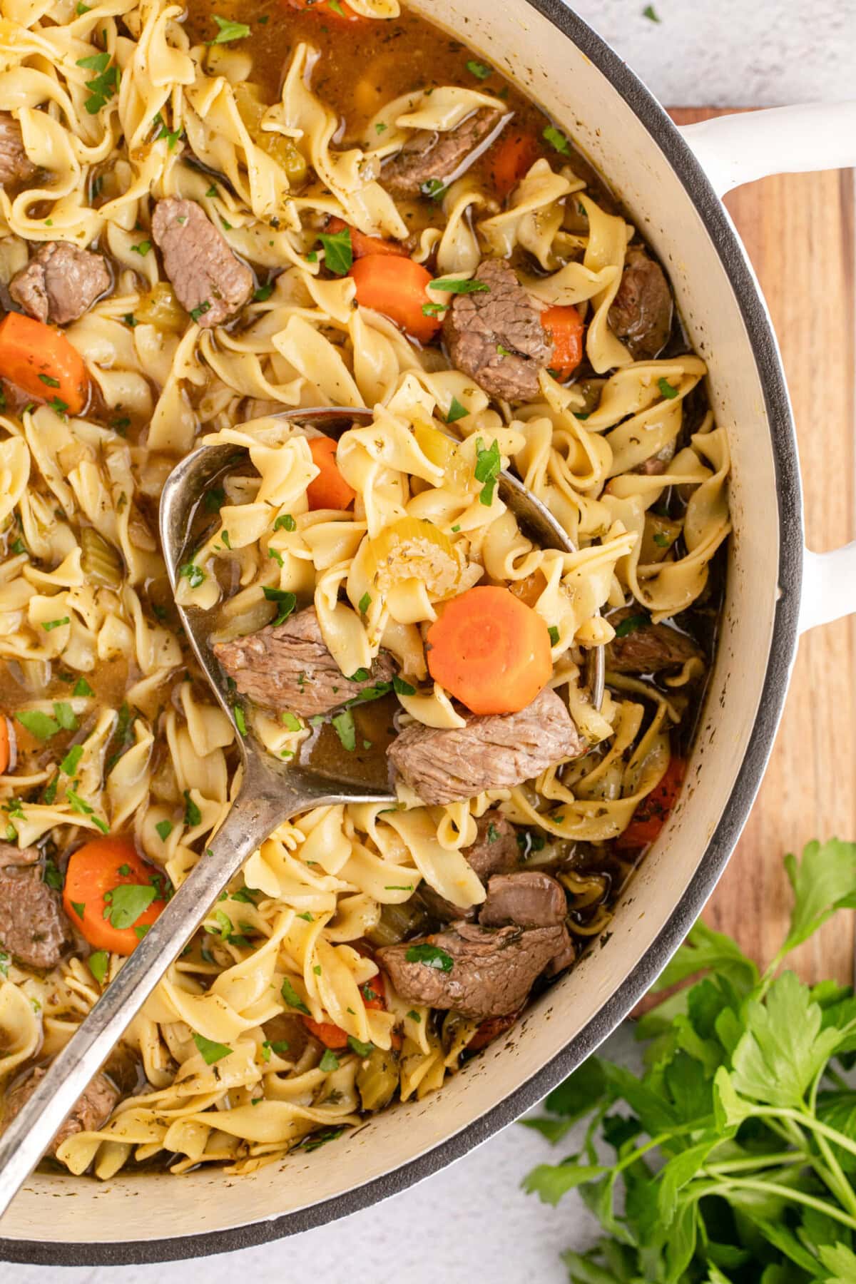 Close up photo of a pot of Beef Noodle Soup