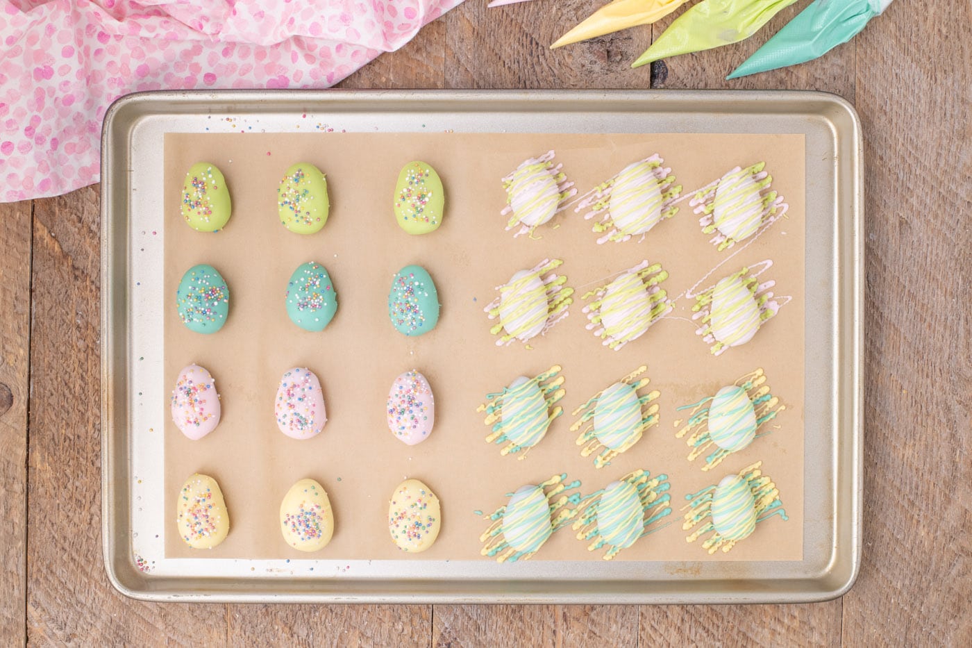 Easter egg truffles decorated in pastel colors and sprinkles