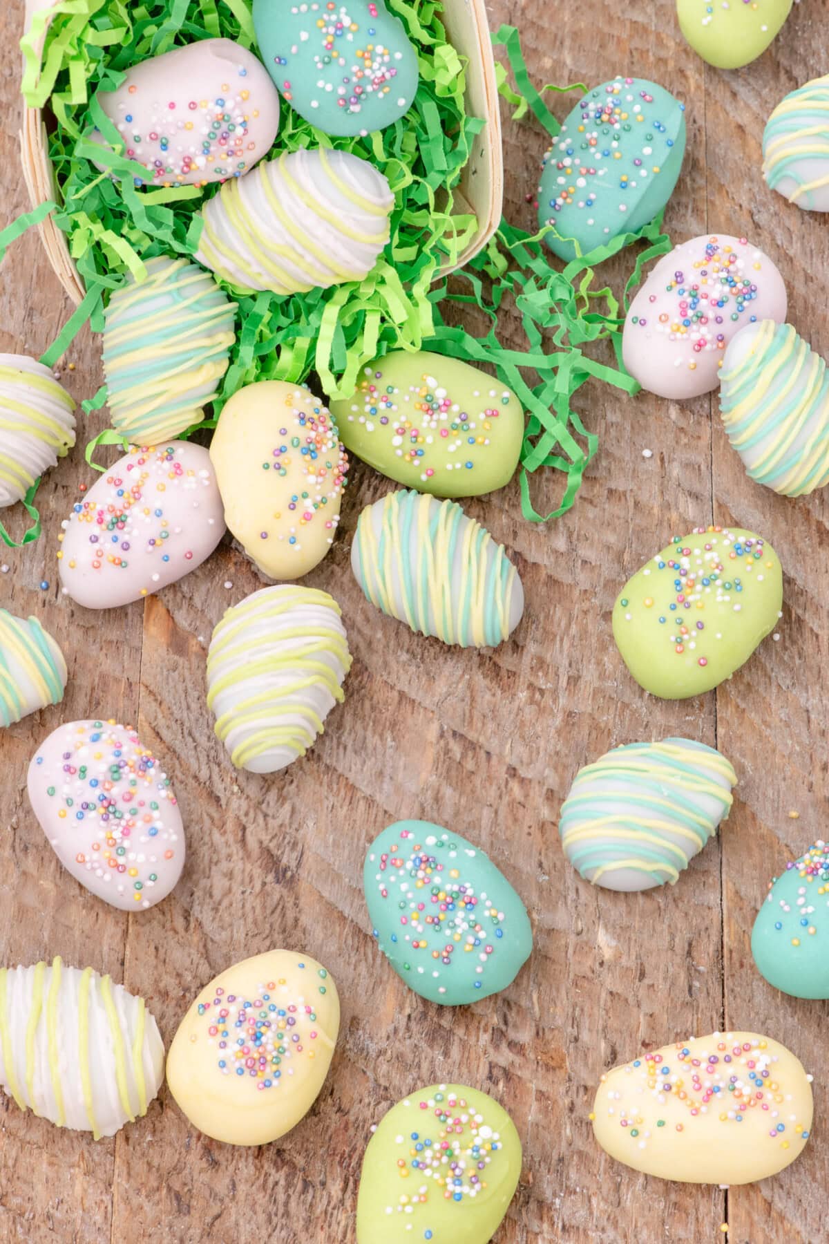 Easter Egg Oreo Truffles sprinkled out of an Easter basket