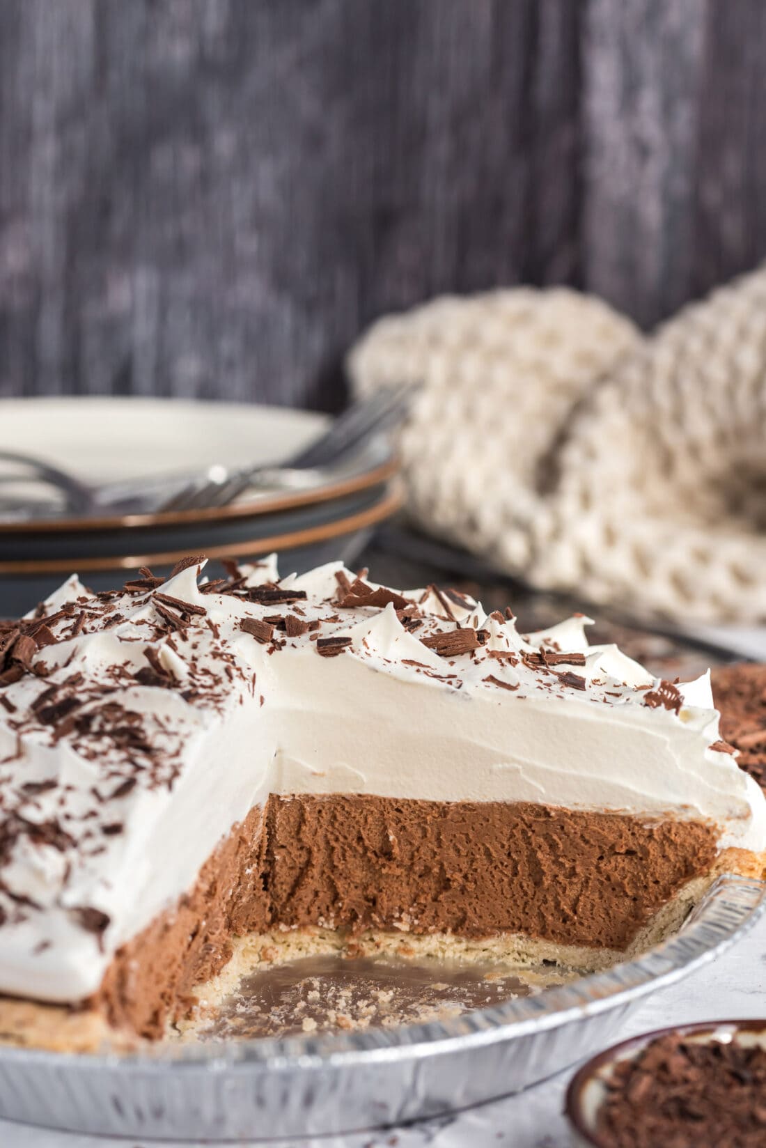 French Silk Pie with a slices removed
