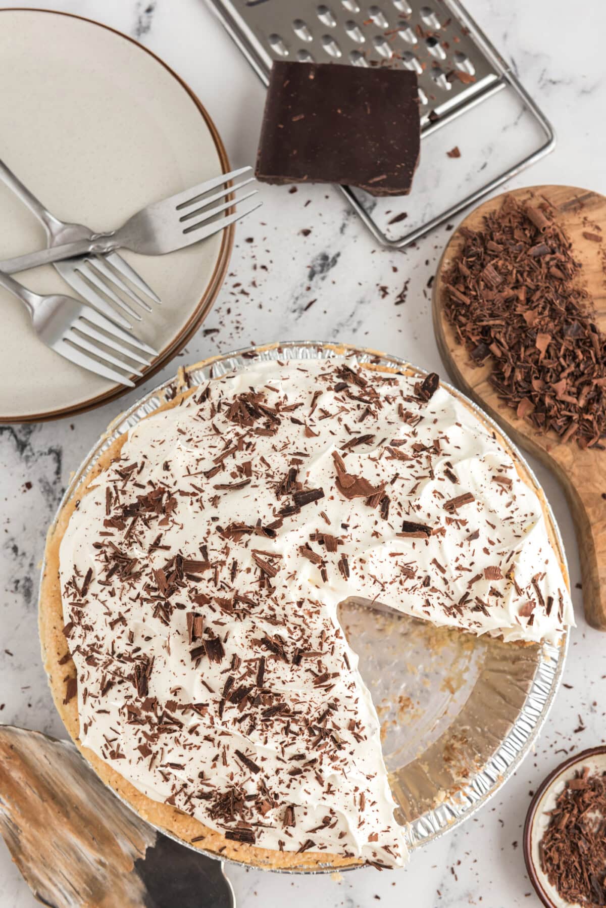 Overhead photo of a French Silk Pie with a slice removed