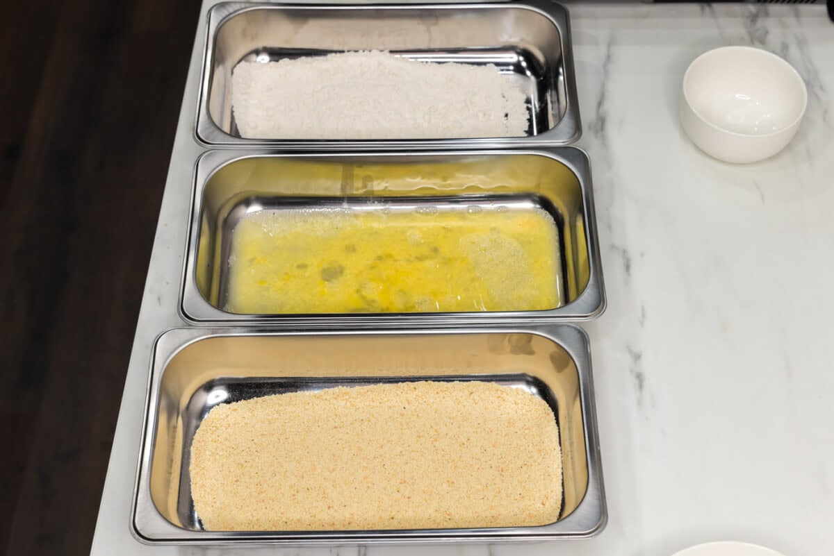 dredging station on counter top with breadcrumbs