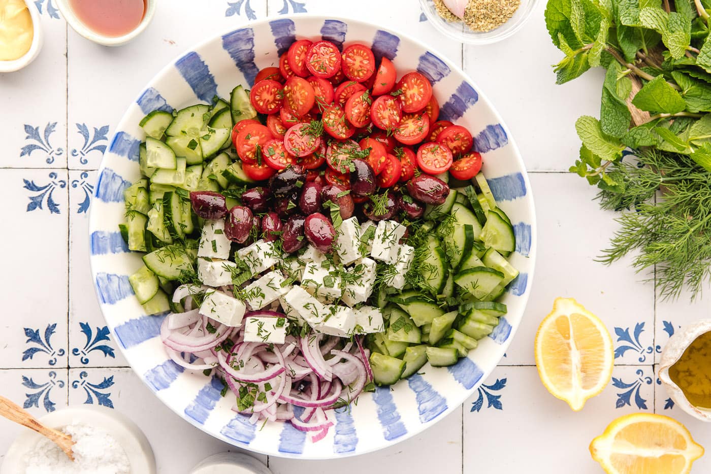 chopped veggies in a bowl for greek salad