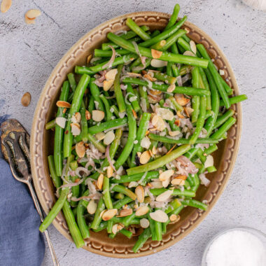 Close up photo of Green Beans Almondine in a serving platter