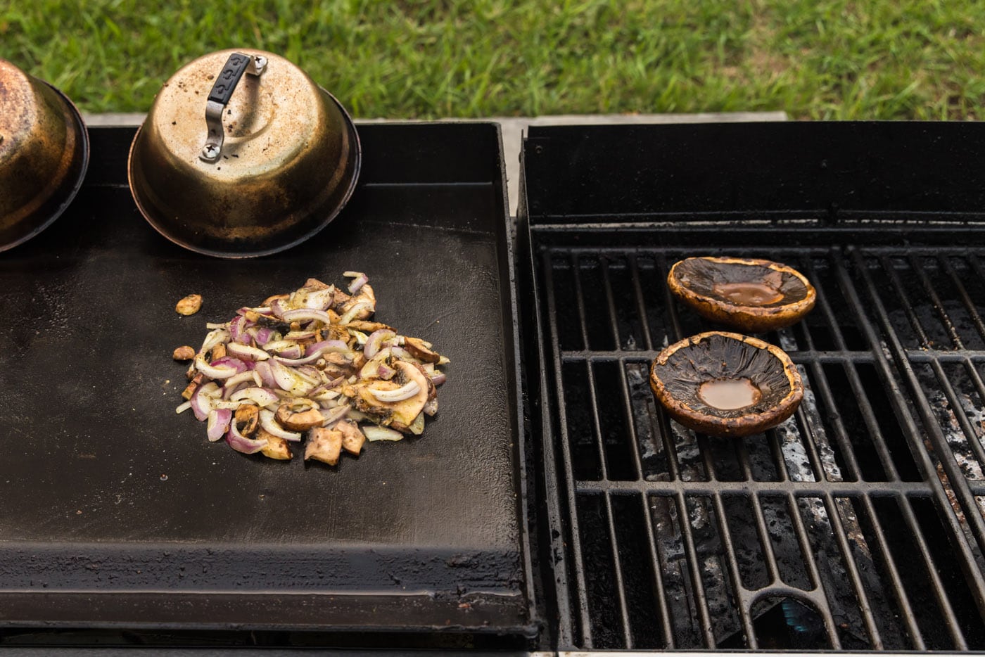 grilling mushrooms with red onions