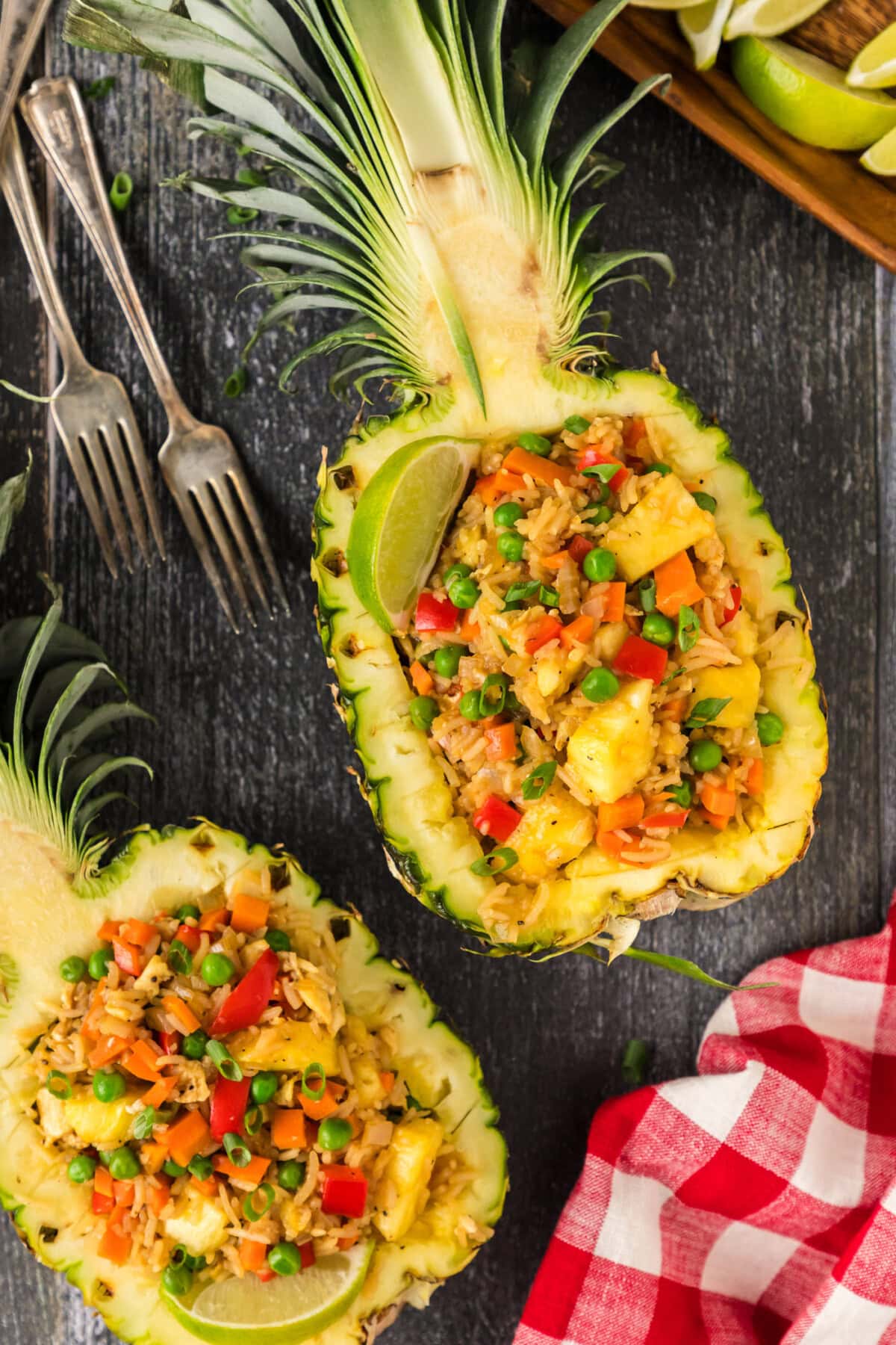 Pineapple Fried Rice in pineapple halves