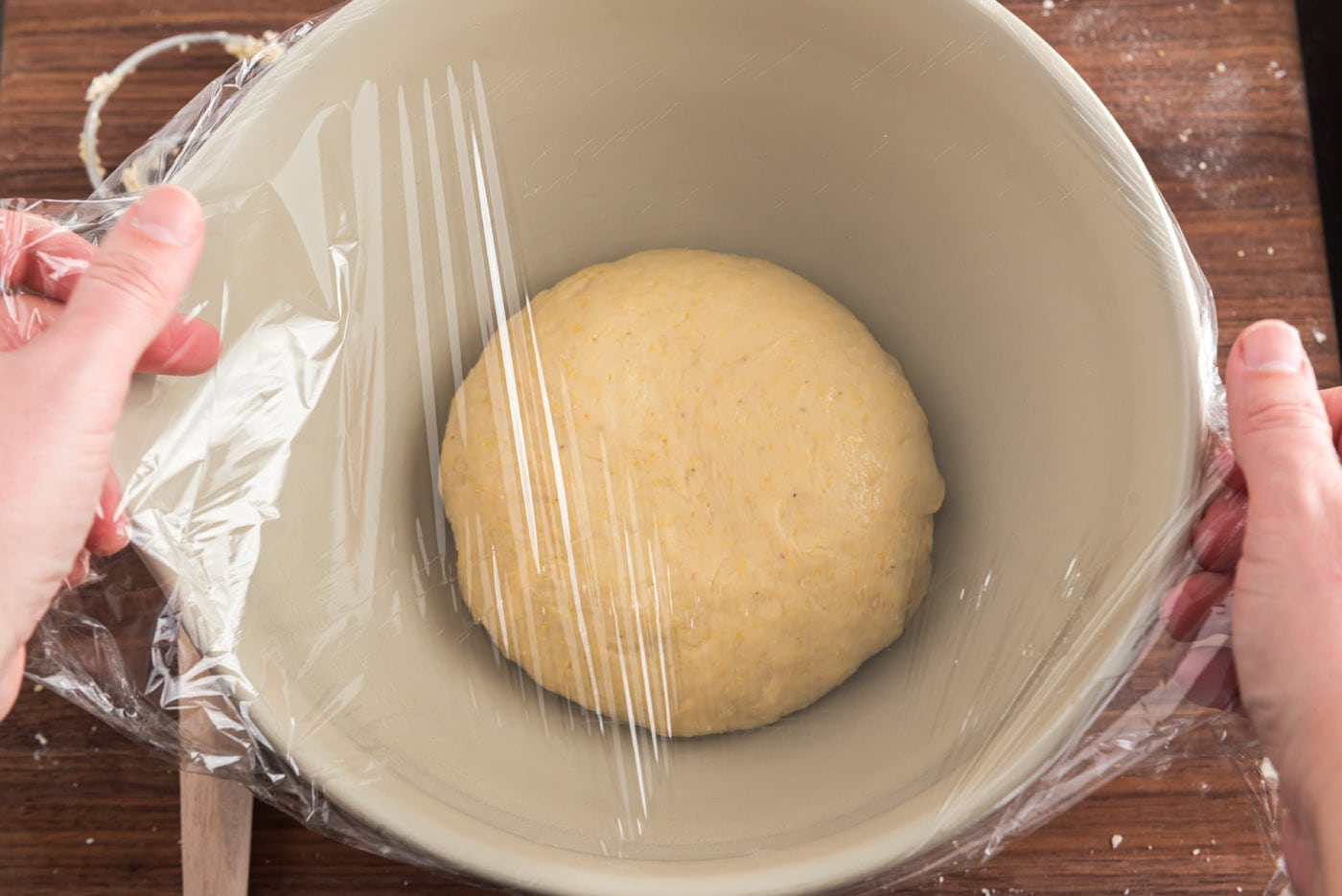 dough ball in a bowl covered with plastic wrap