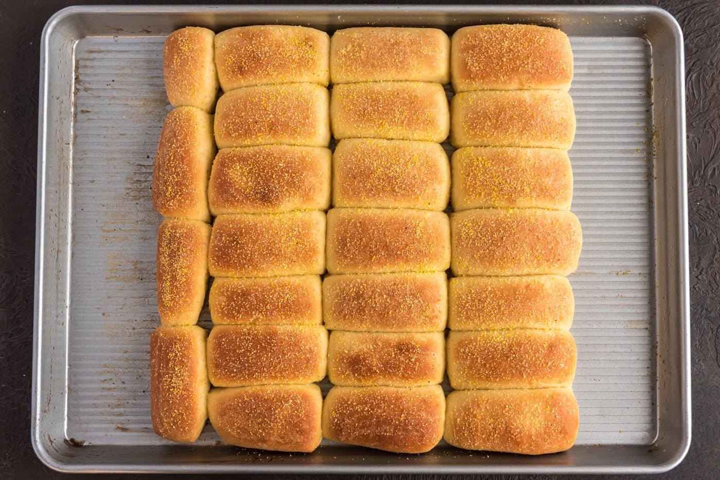 overhead of baked cornmeal dinner rolls on a baking sheet