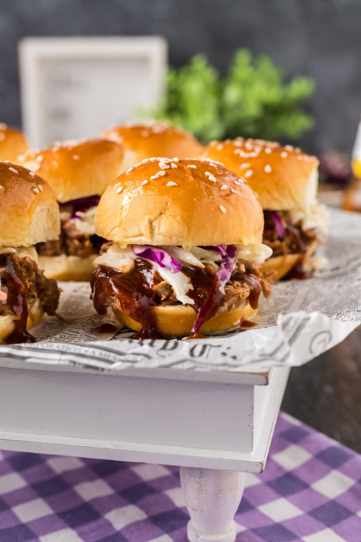 Close up photo of a Pulled Pork Slider on a serving platter