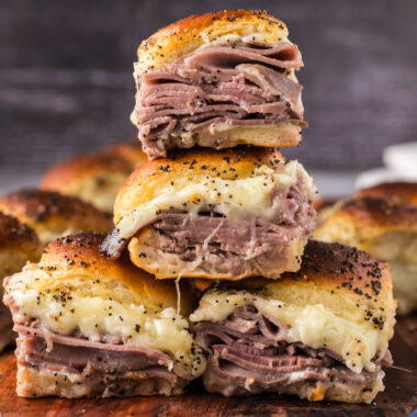 Close up photo of a stack of Roast Beef Sliders
