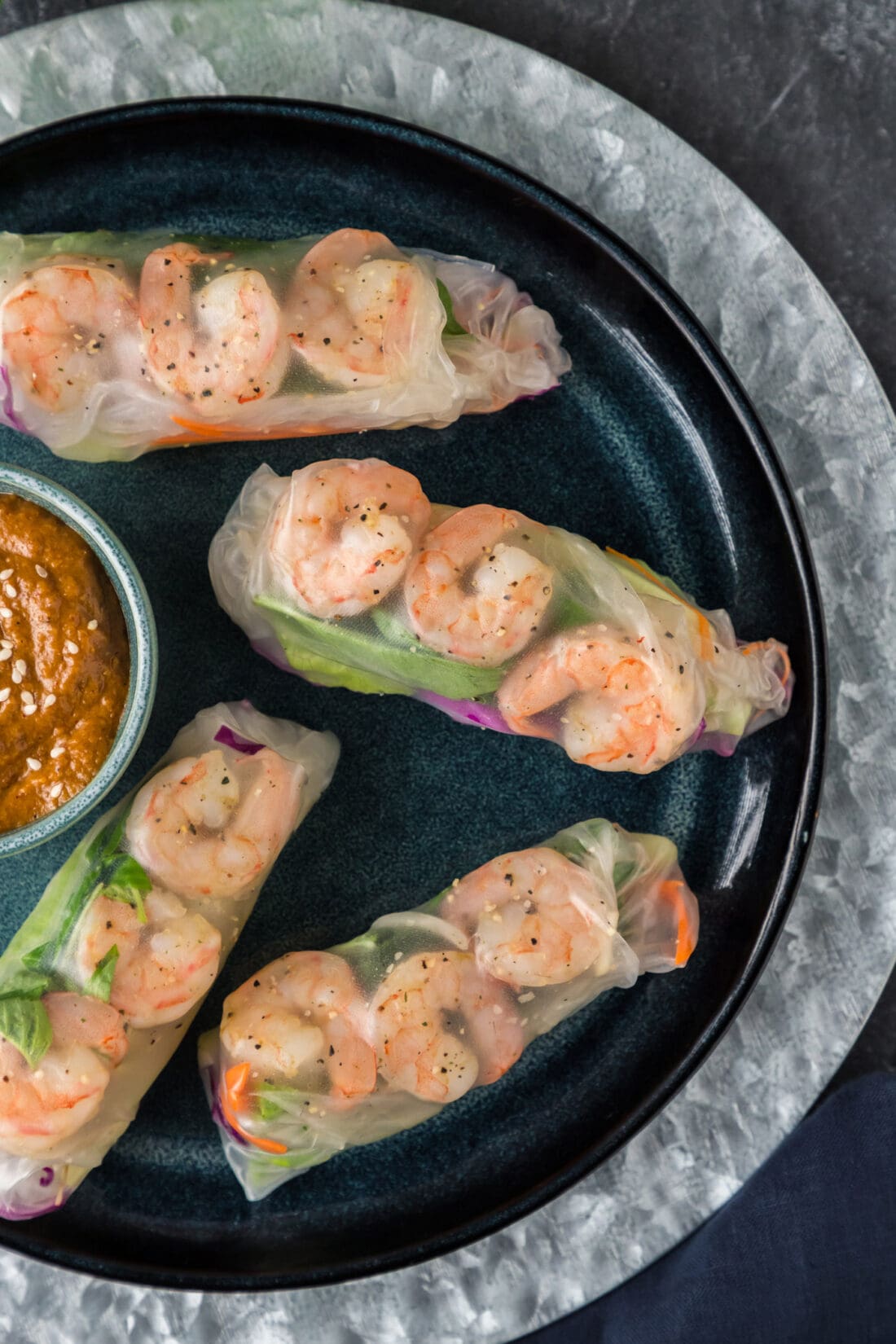 Close up overhead photo of Shrimp Spring Rolls on a plate