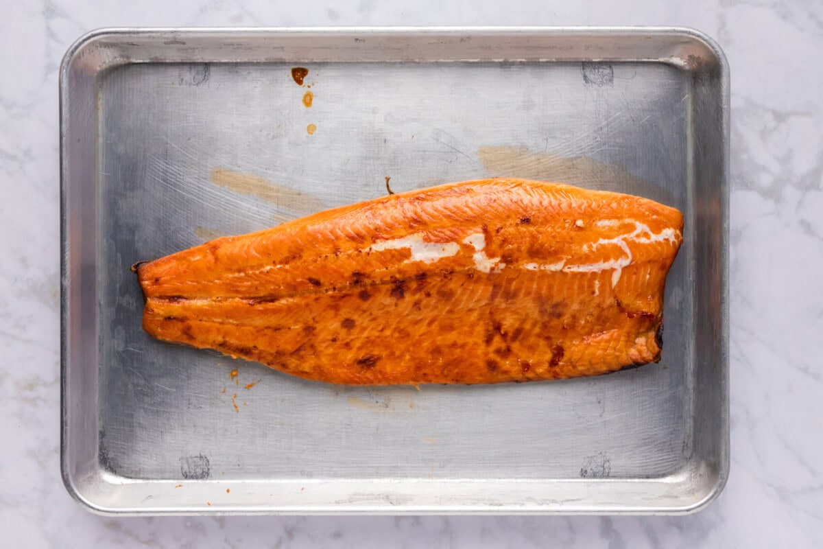 finished smoked trout on baking sheet