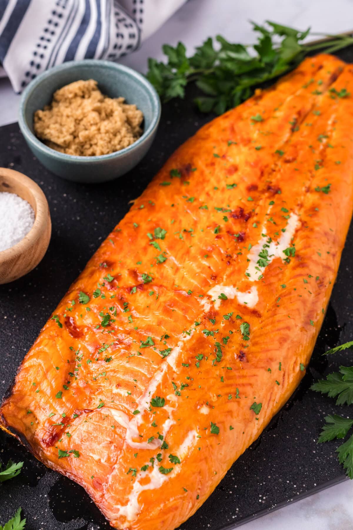 Side shot of Smoked Trout on a platter