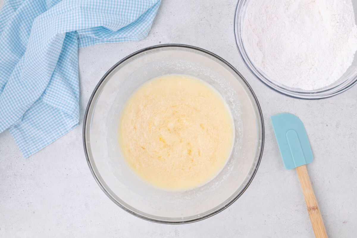 whisked cupcake batter in a bowl