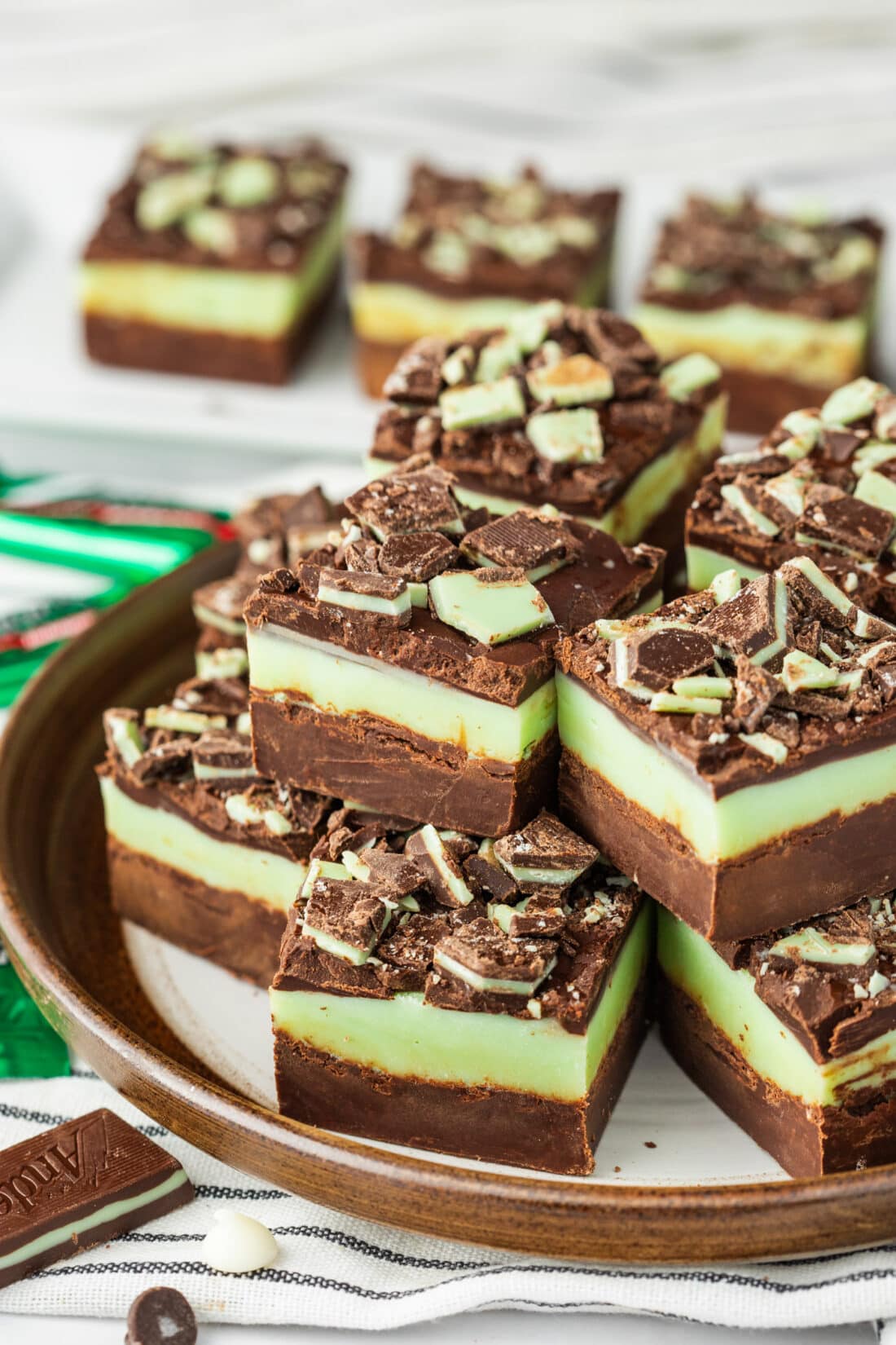 Andes Mint Fudge stacked on a plate