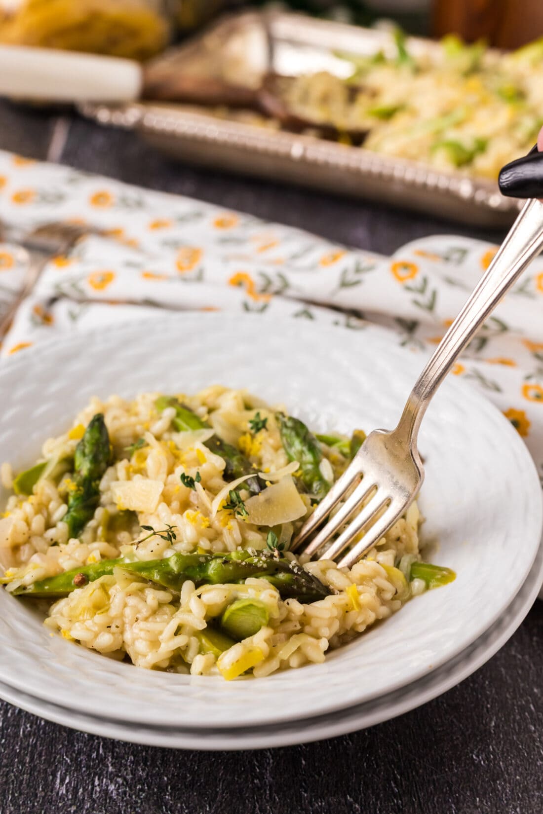Fork in a bowl of Asparagus Risotto