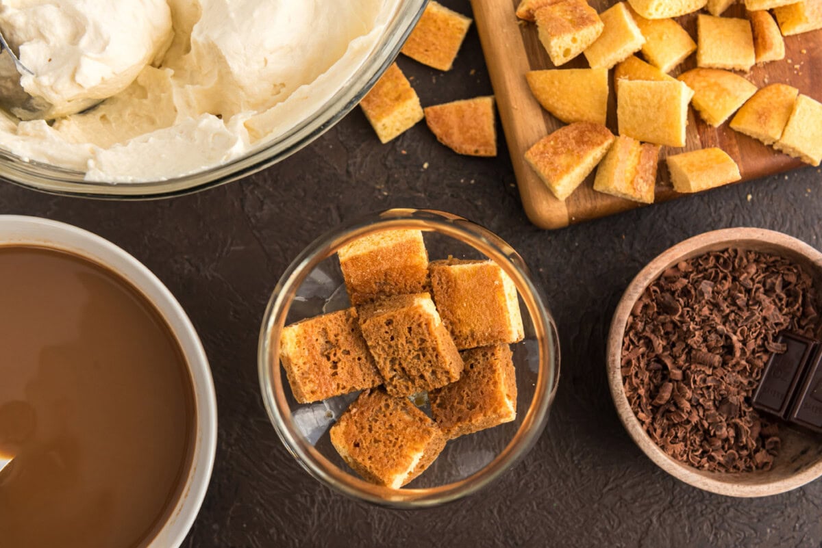 cubed ladyfingers in a parfait dish