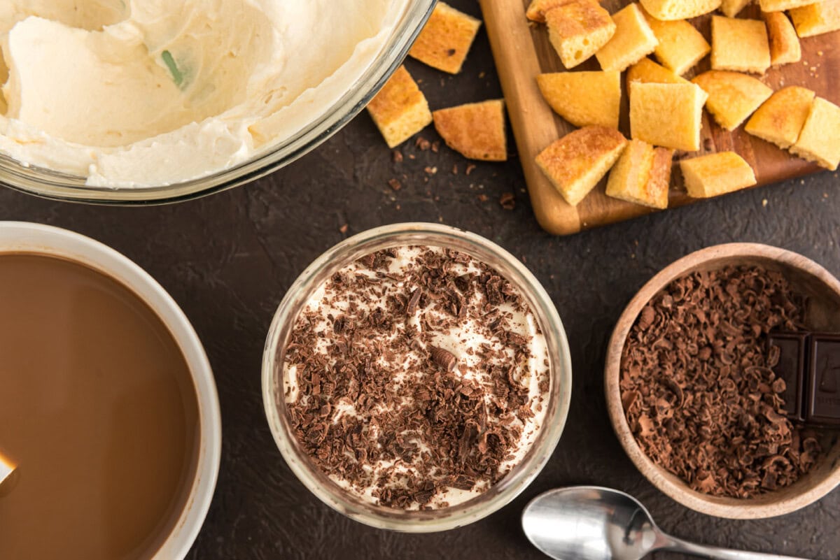 shaved chocolate on top of Bailey's Tiramisu parfaits