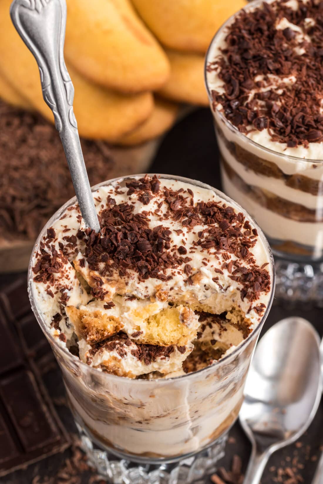 Spoon in a Bailey's Tiramisu Parfait with a bite removed