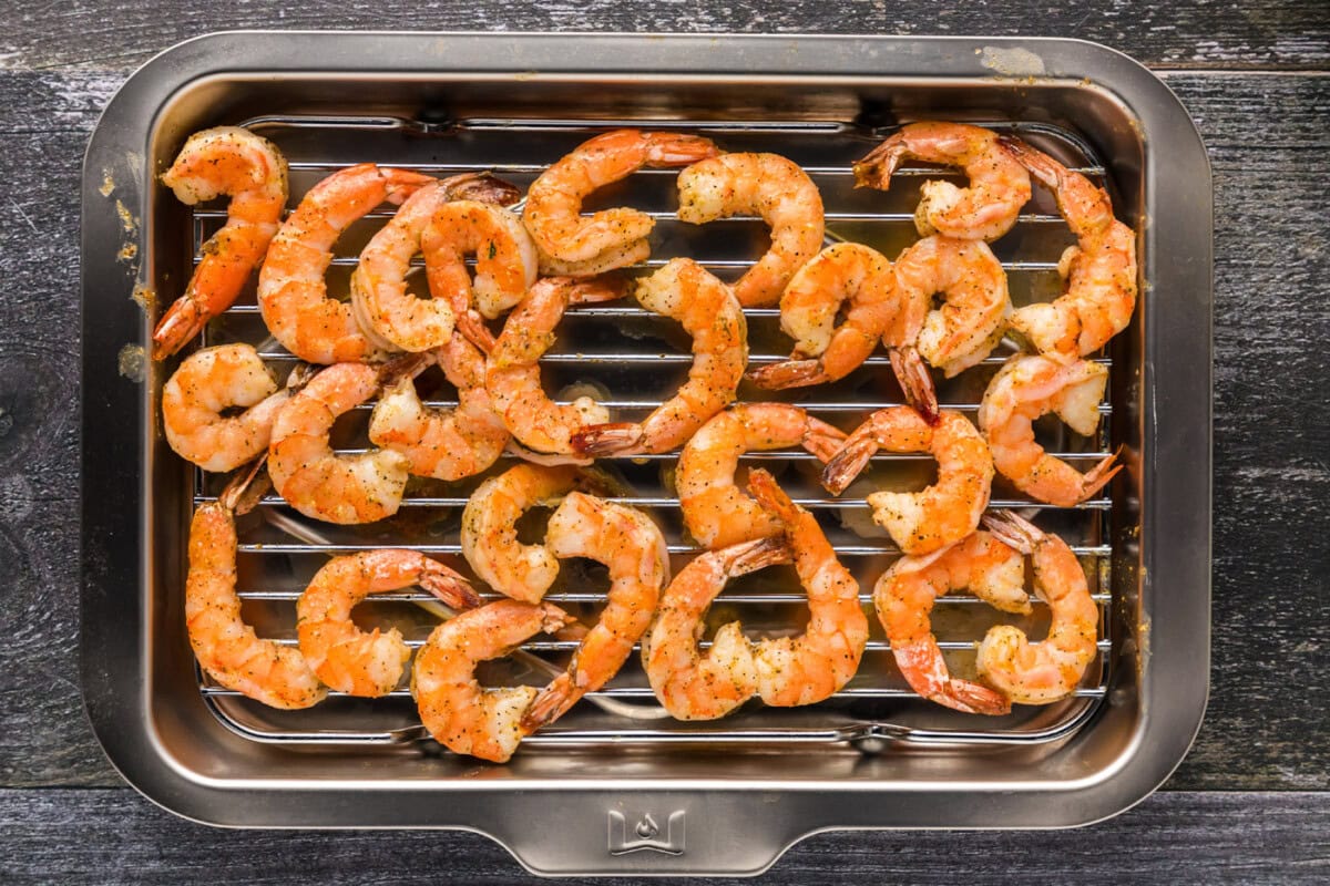 oven baked shrimp on a wire cooling rack