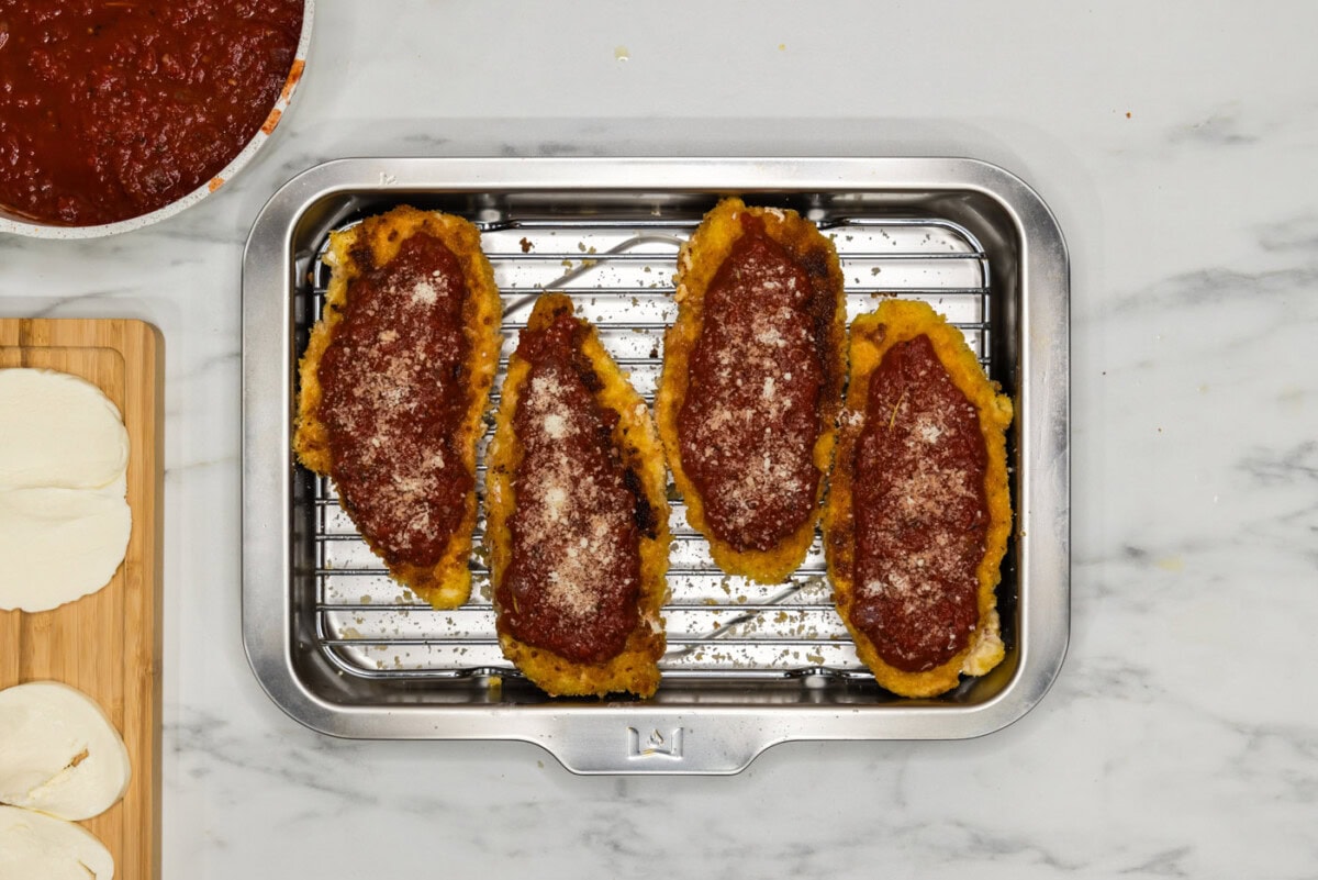 marinara on top of fried chicken cutlet