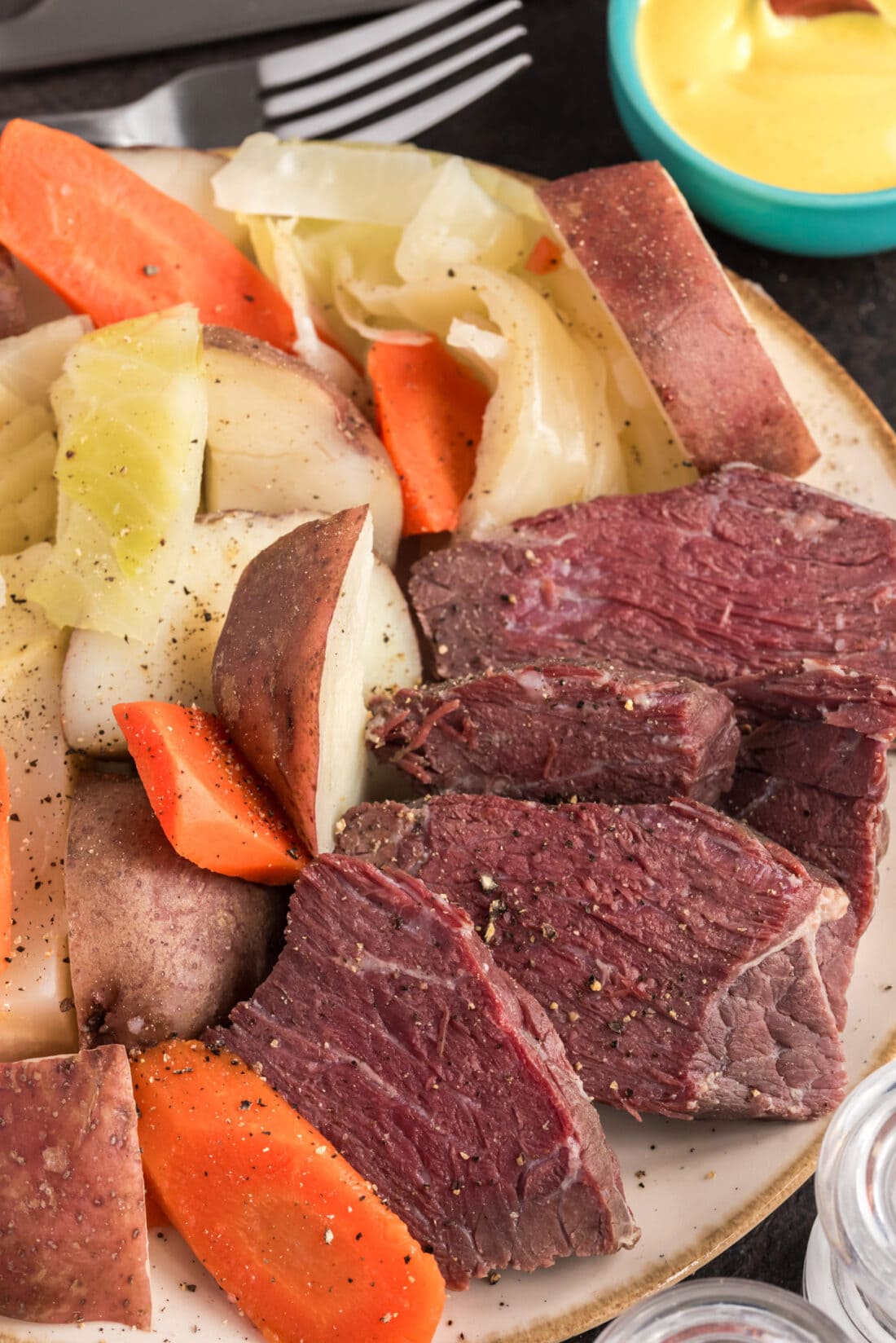 Close up photo of a plate of Corned Beef and Cabbage