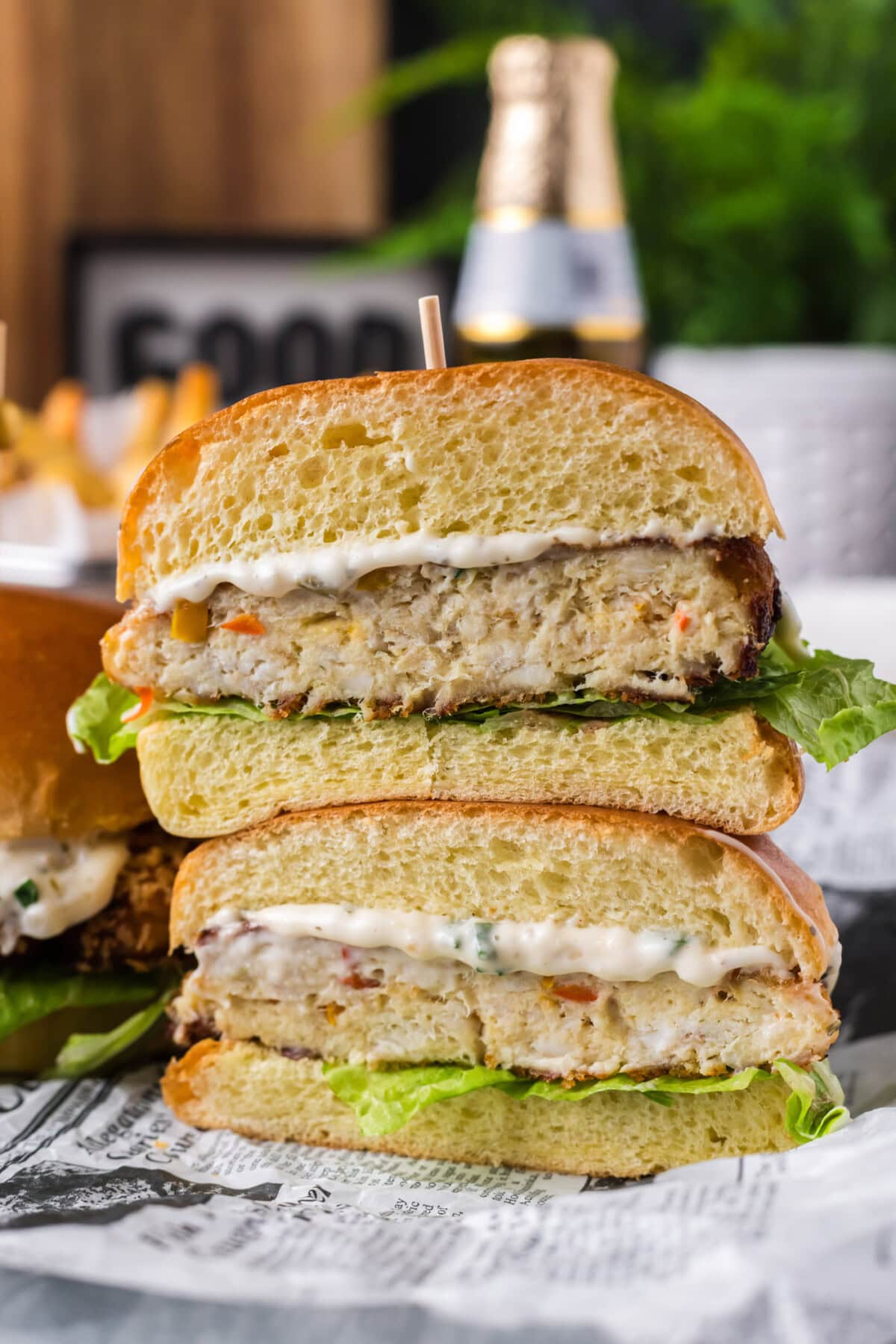 Two halves of a Fish Burger stacked on top of each other
