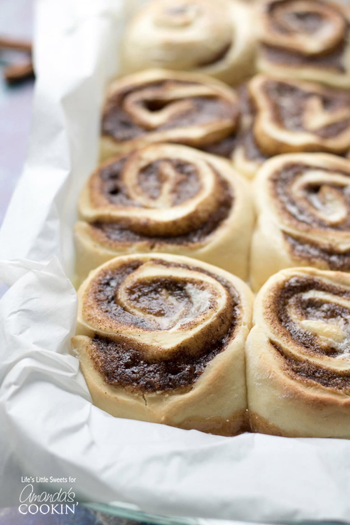 Unbaked Homemade Cinnamon Rolls in a 13x9 pan that have doubled in size 