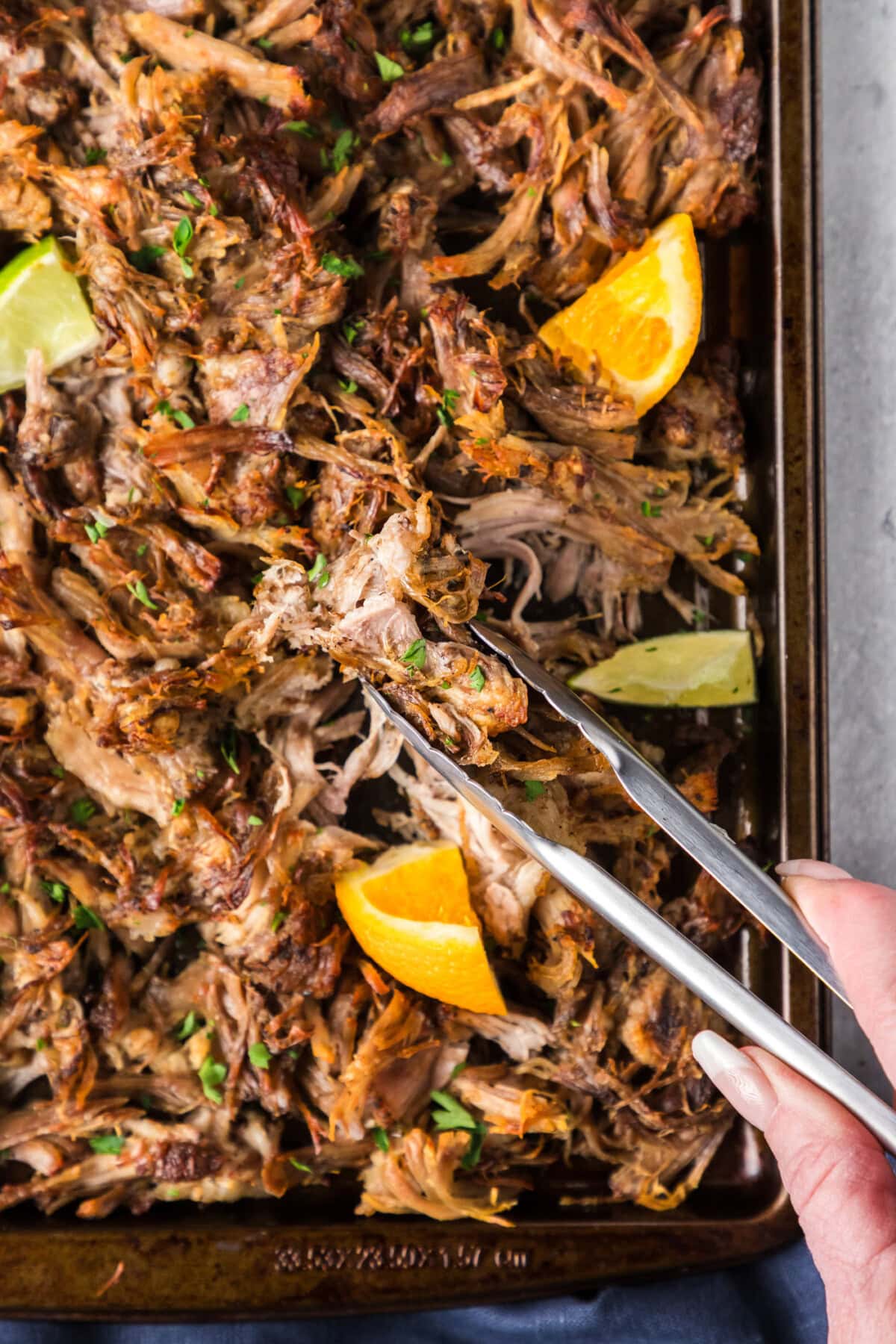 Tongs picking up Instant Pot Carnitas from a sheet pan