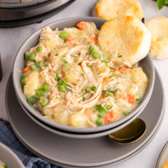 Close up photo of a bowl of Instant Pot Chicken Pot Pie
