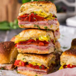 Close up photo of a stack of Italian Sliders