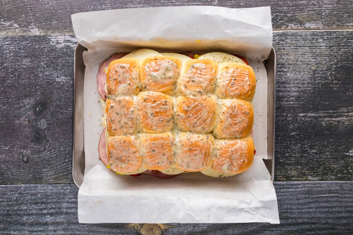 hot italian sliders brushed with melted butter
