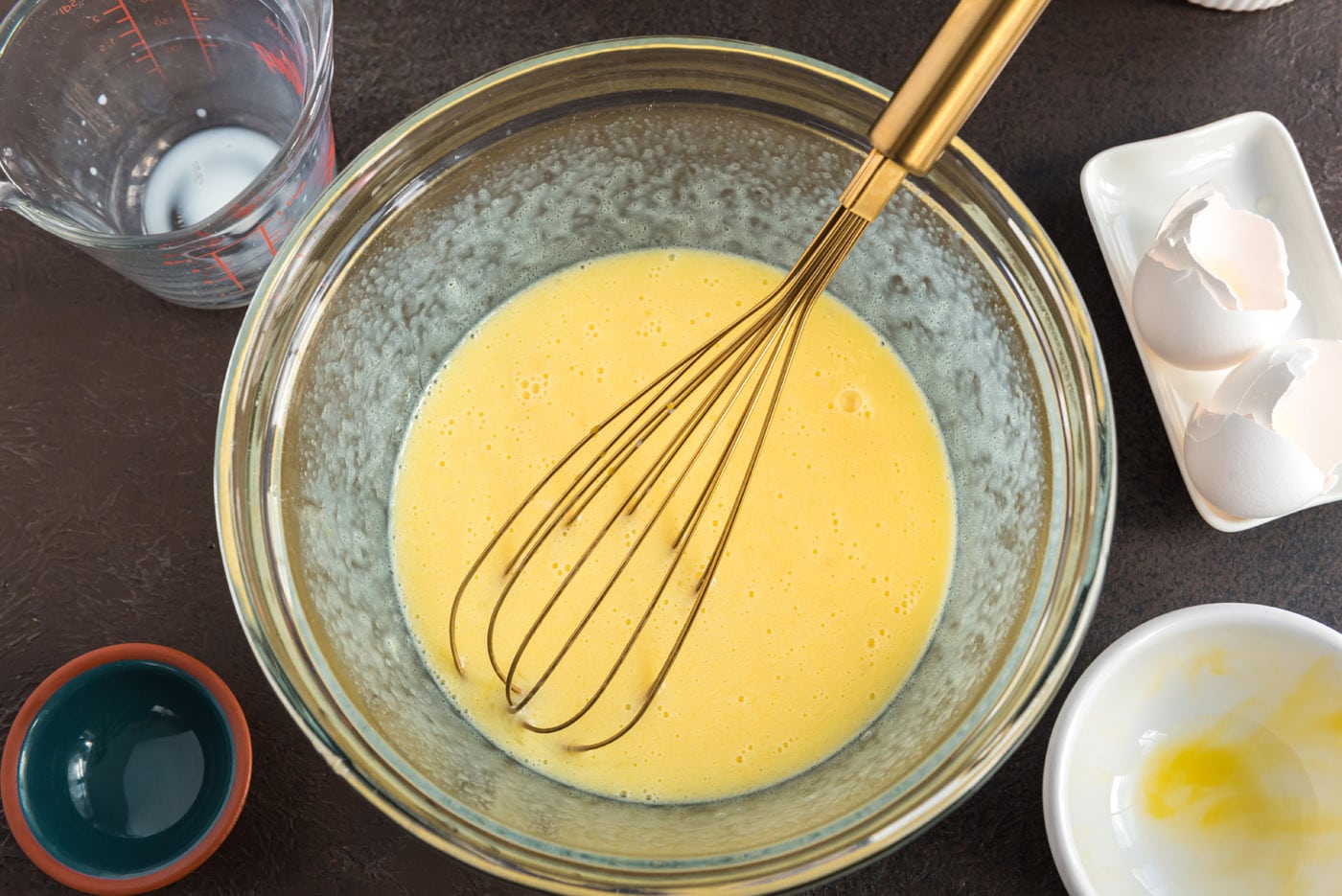 whisked butter, milk, and egg in bowl