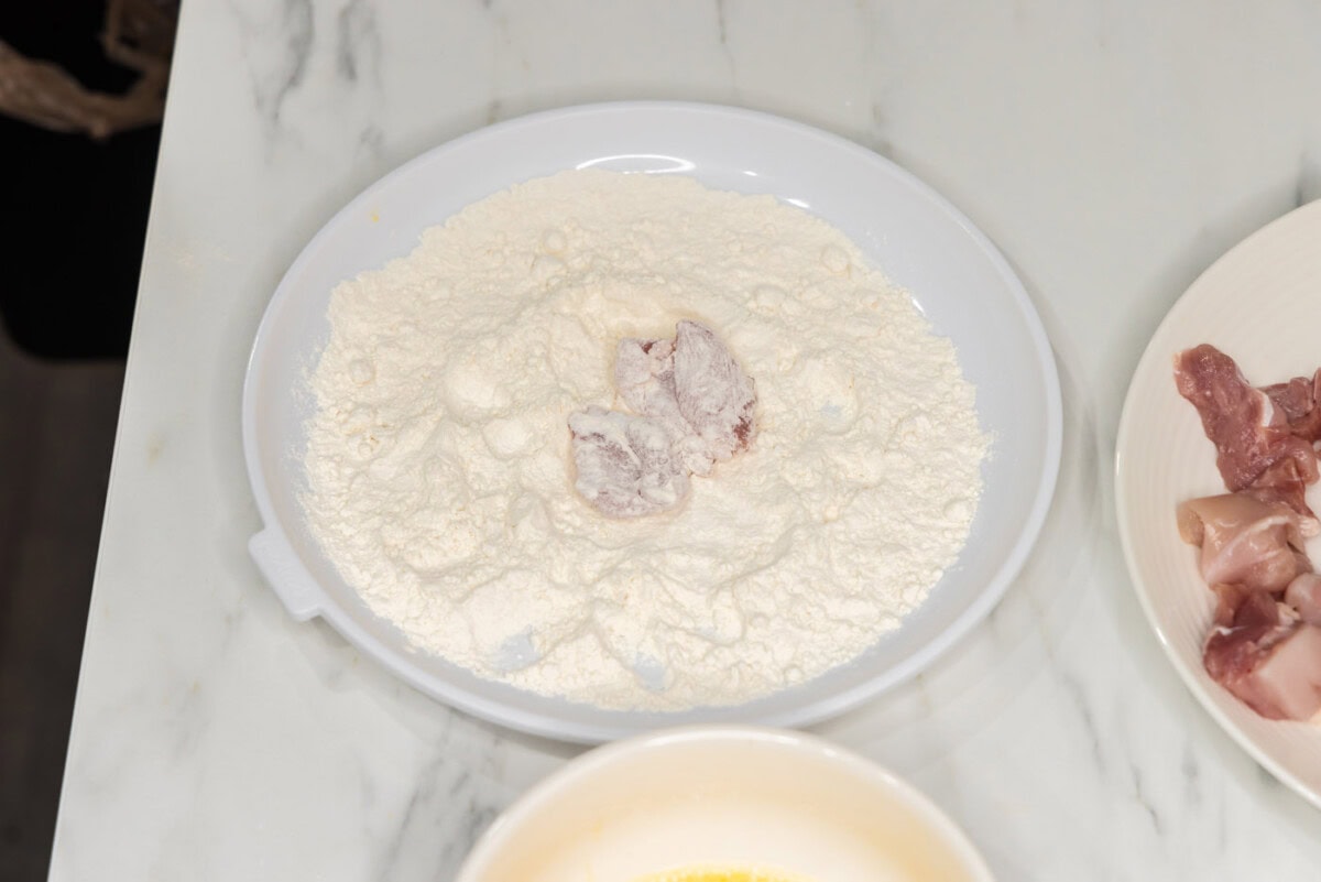 dredged chicken pieces in flour