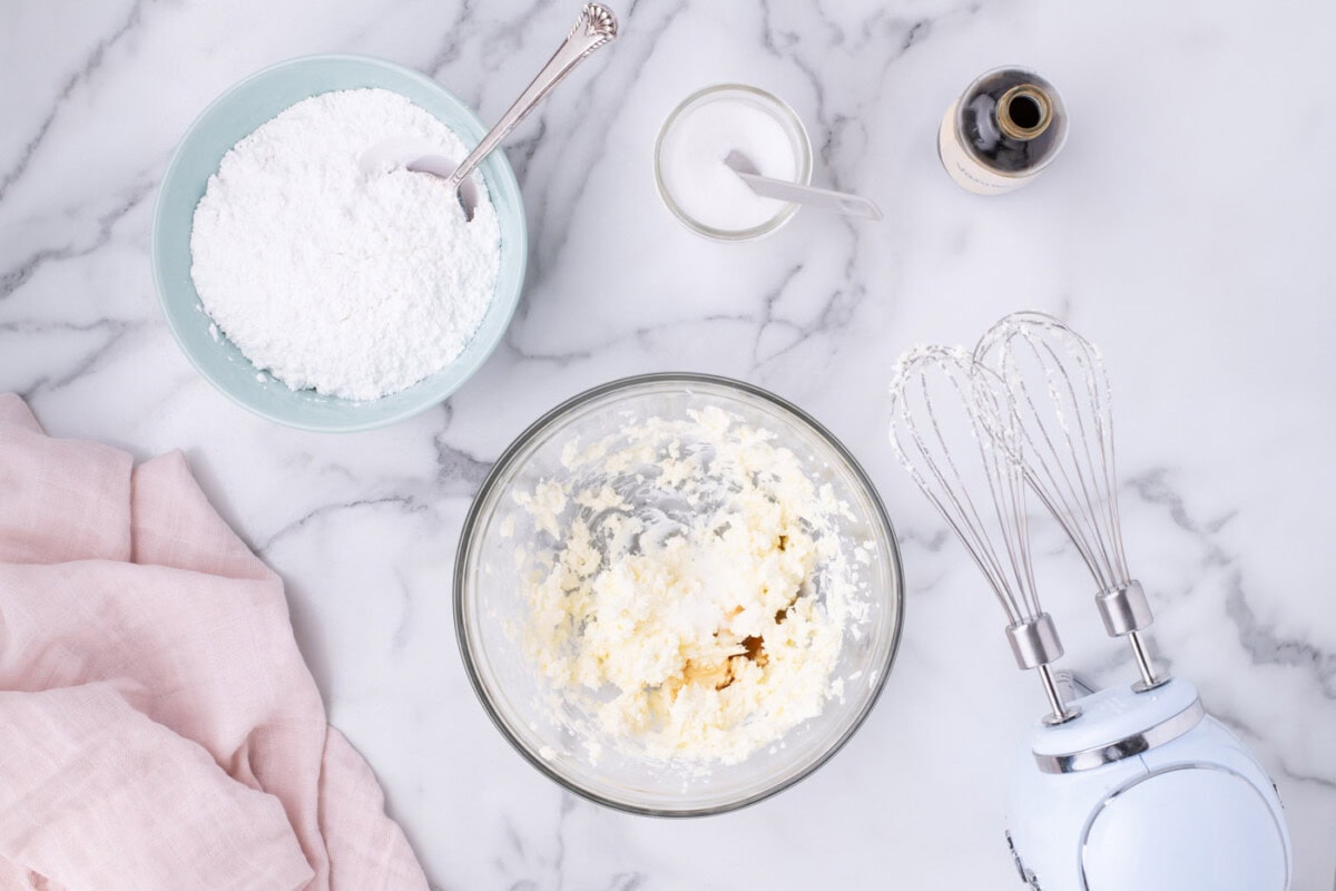 butter and cream cheese beaten in a bowl