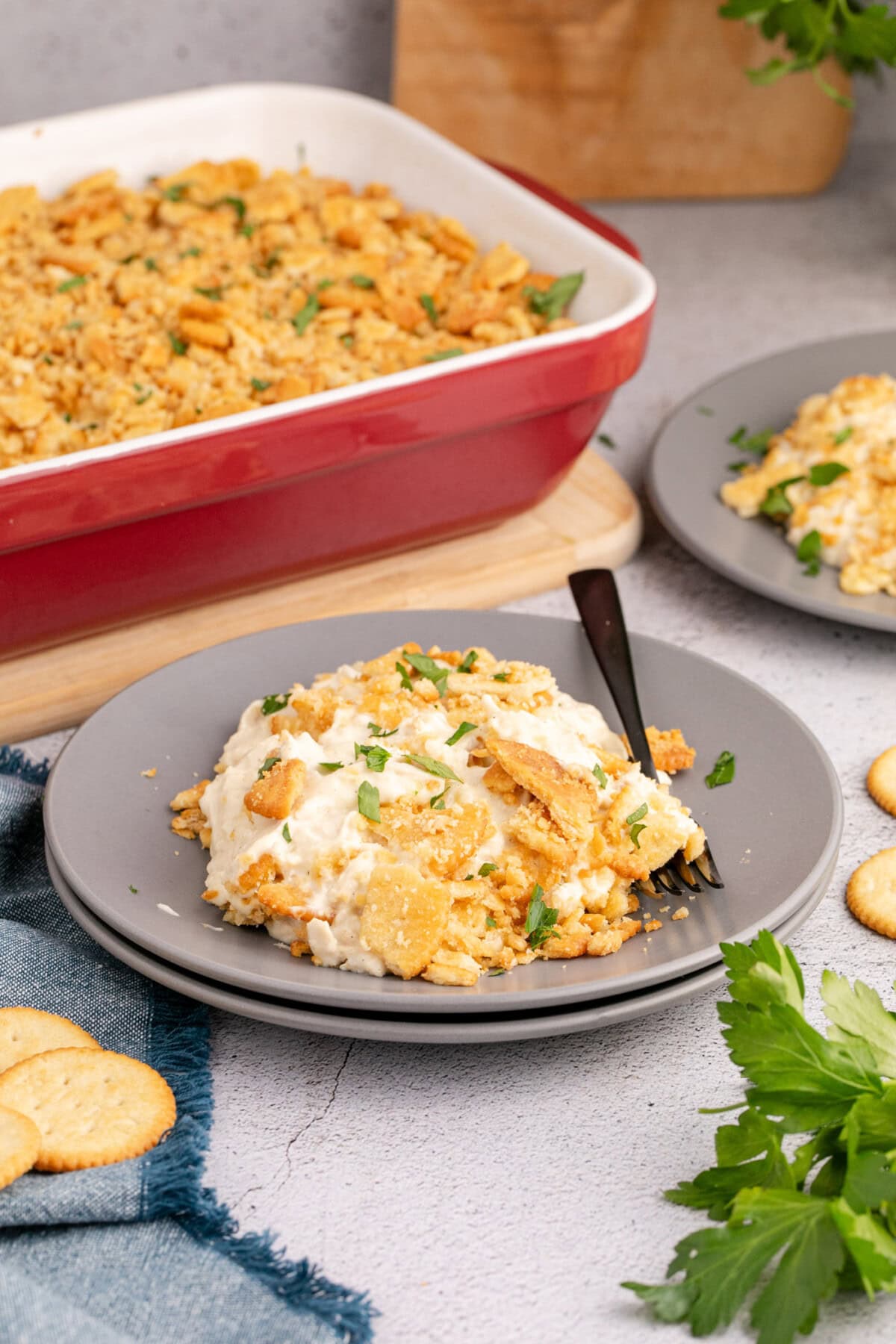Serving of Ritz Cracker Chicken Casserole on a plate