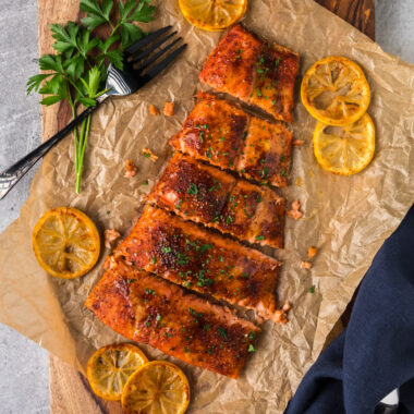 Filets of Smoked Salmon resting on parchment paper