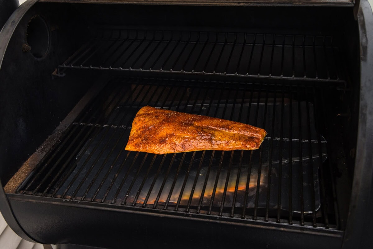 salmon filet on smoker grates