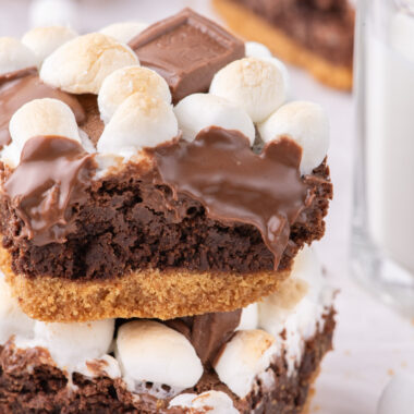 Close up photo of a stack of S'mores Brownies