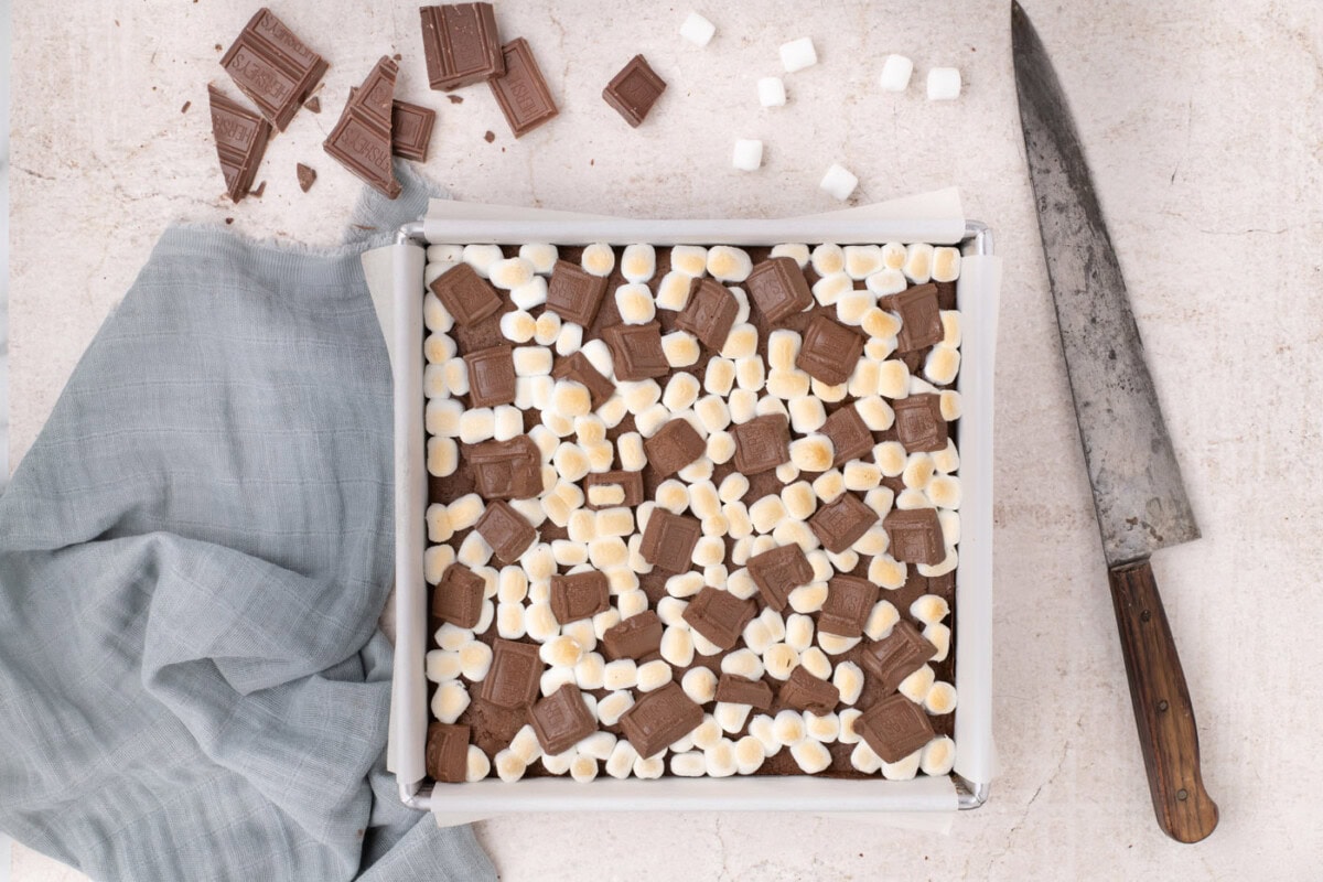 easy s'mores brownies in a baking pan