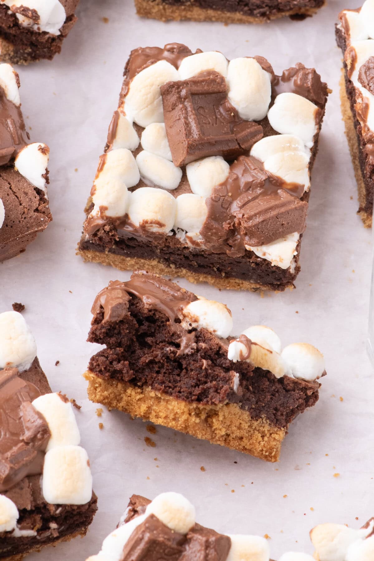 A S'mores Brownie cut in half with another brownie next to it