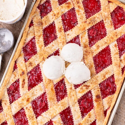 Cherry Slab Pie topped with three scoops of ice cream