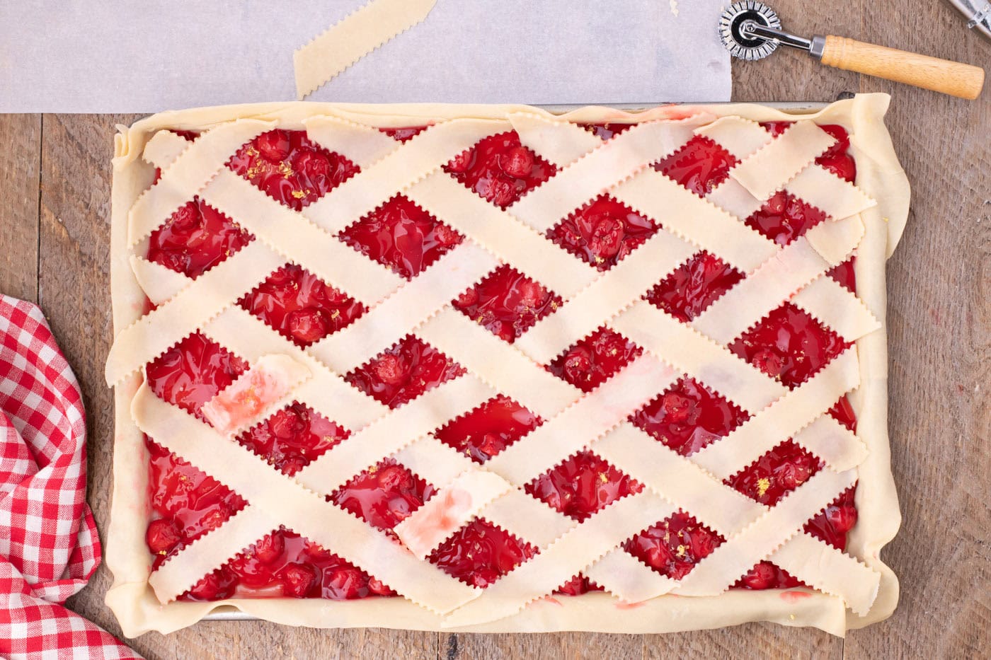 unbaked lattice top cherry slab pie