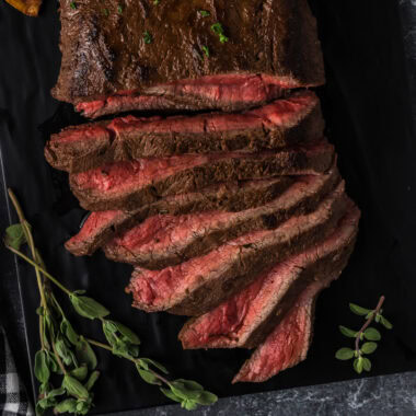 Overhead photo of sliced flat iron steak